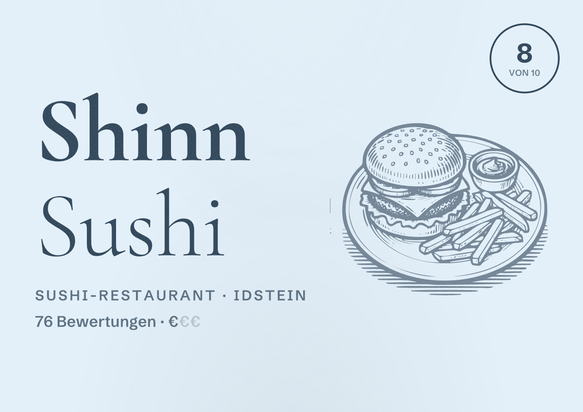 Illustriertes Poster von Shinn Sushi, Sushi-Restaurant in Idstein: Bewertung 8 von 10 aus 76 Bewertungen, Preisniveau €