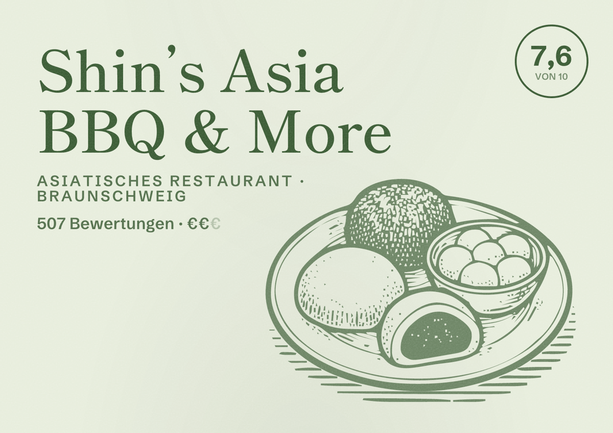 Illustriertes Poster von Shin’s Asia BBQ & More, Asiatisches Restaurant in Braunschweig: Gästebewertung 7,6 von 10 aus 507 Bewertungen