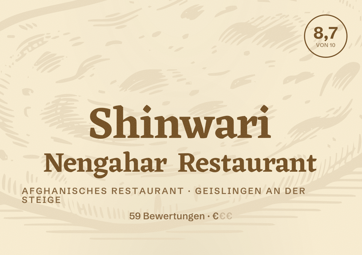 Illustriertes Poster von Shinwari Nengahar Restaurant, Afghanisches Restaurant in Geislingen an der Steige: Bewertung 8,7 von 10 aus 59 Bewertungen, Preisniveau €