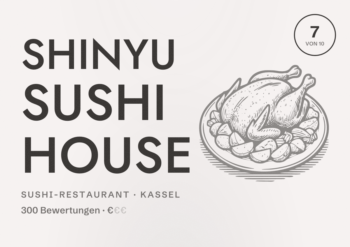 Illustriertes Poster von Shinyu Sushi House, Sushi-Restaurant in Kassel: Bewertung 7 von 10 aus 300 Bewertungen, Preisniveau €