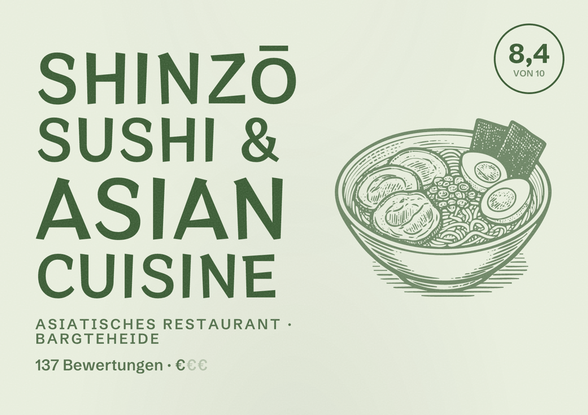 Illustriertes Poster von shinzō Sushi & Asian Cuisine, Asiatisches Restaurant in Bargteheide: Bewertung 8,4 von 10 aus 137 Bewertungen, Preisniveau €