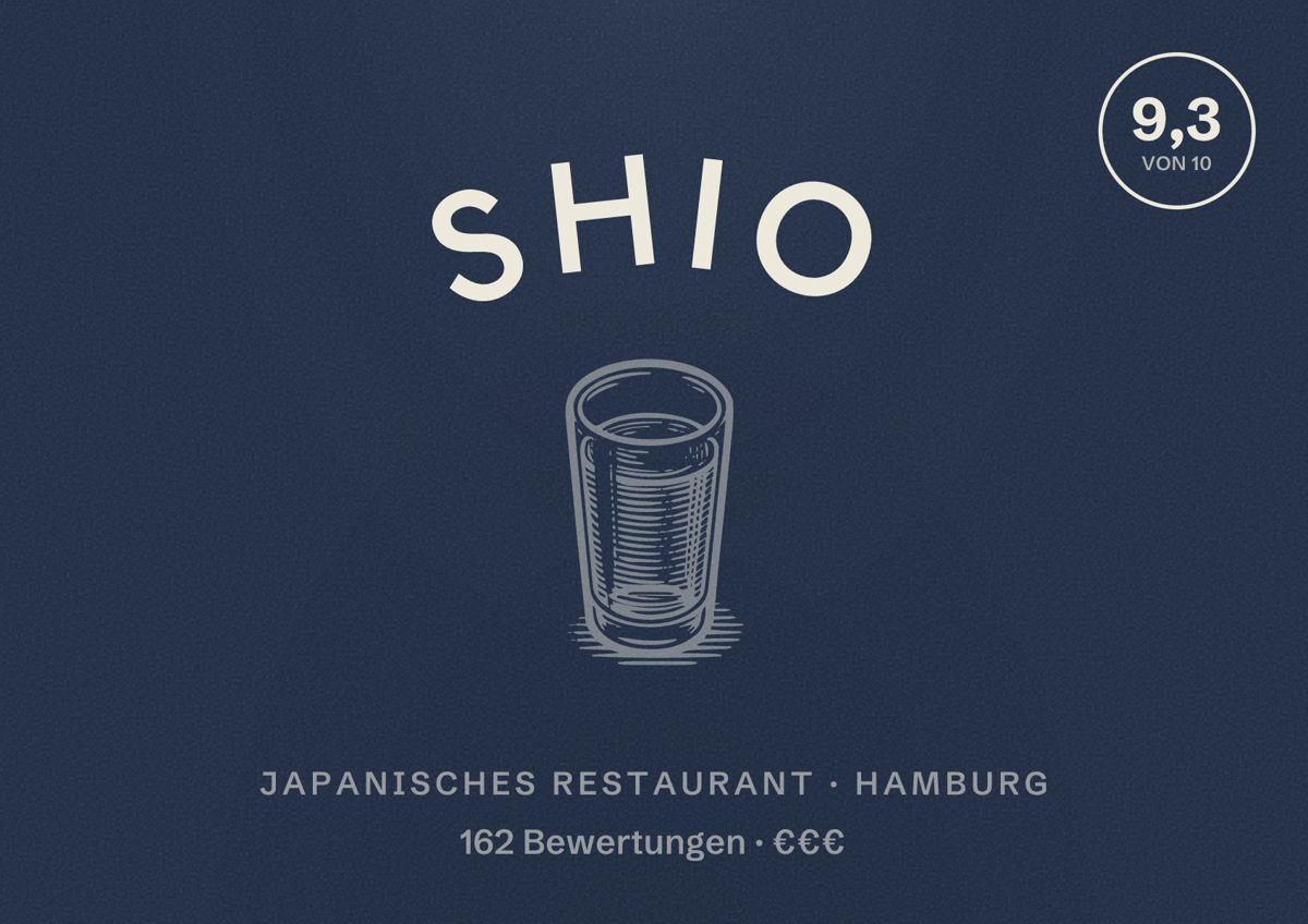 Illustriertes Poster von SHIO, Japanisches Restaurant in Hamburg: Bewertung 9,3 von 10 aus 162 Bewertungen, Preisniveau €€€