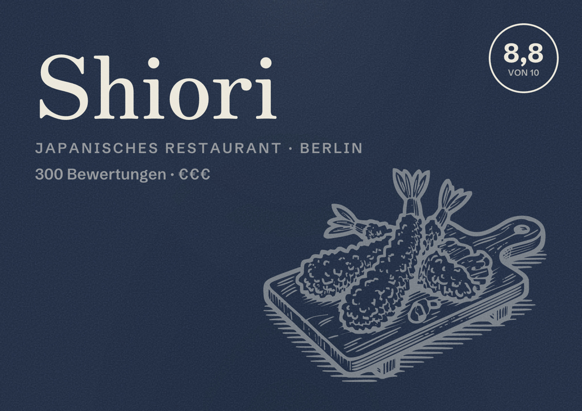 Illustriertes Poster von Shiori, Japanisches Restaurant in Berlin: Bewertung 8,8 von 10 aus 300 Bewertungen, Preisniveau €€€