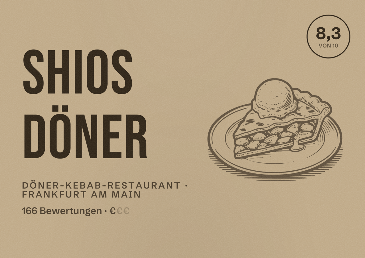 Illustriertes Poster von Shios Döner, Döner-Kebab-Restaurant in Frankfurt am Main: Bewertung 8,3 von 10 aus 166 Bewertungen, Preisniveau €