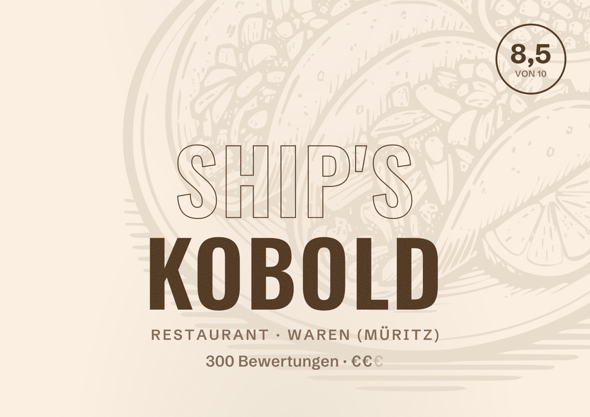 Illustriertes Poster von Ship's Kobold, Restaurant in Waren (Müritz): Bewertung 8,5 von 10 aus 300 Bewertungen, Preisniveau €€