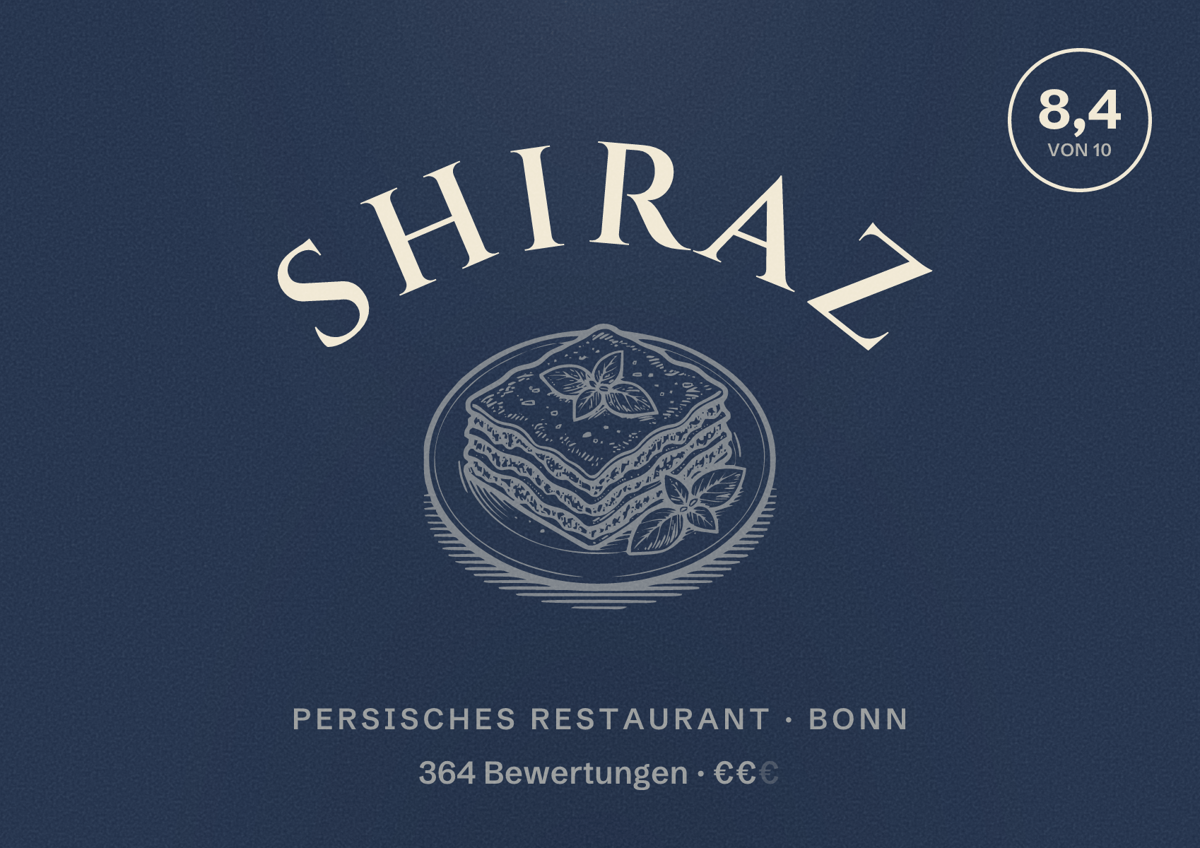 Illustriertes Poster von Shiraz, Persisches Restaurant in Bonn: Bewertung 8,4 von 10 aus 364 Bewertungen, Preisniveau €€