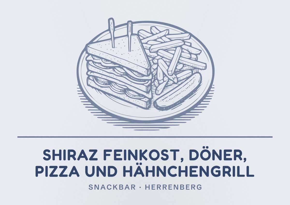 Illustriertes Poster von Shiraz Feinkost, Döner, Pizza und Hähnchengrill, Snackbar in Herrenberg
