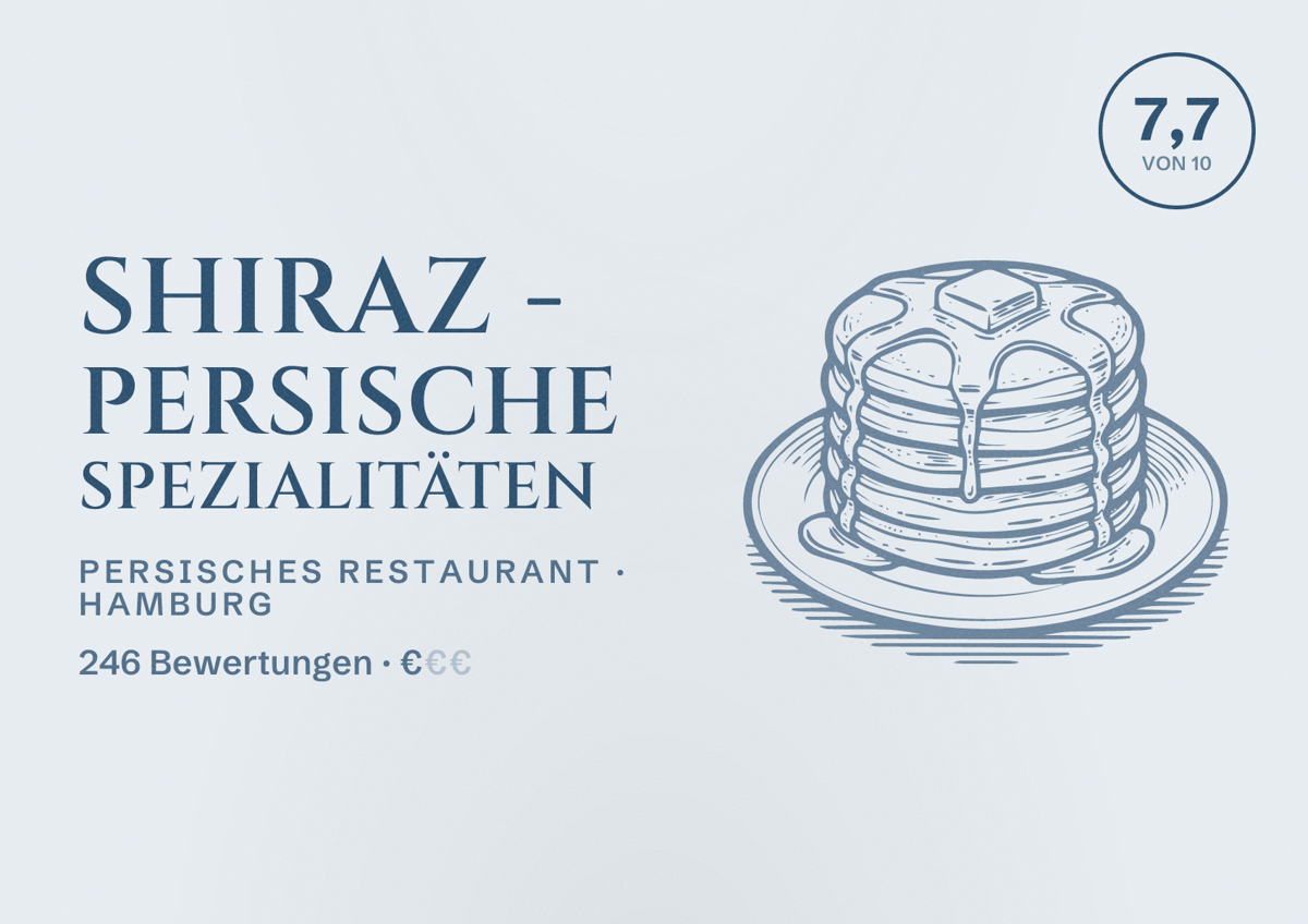 Illustriertes Poster von Shiraz - Persische Spezialitäten, Persisches Restaurant in Hamburg: Bewertung 7,7 von 10 aus 246 Bewertungen, Preisniveau €