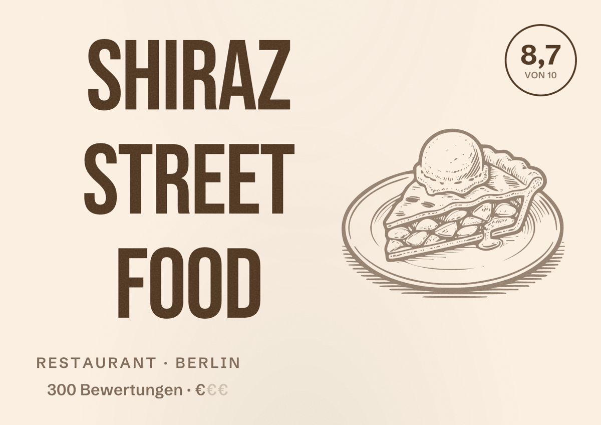 Illustriertes Poster von Shiraz Street Food, Restaurant in Berlin: Bewertung 8,7 von 10 aus 300 Bewertungen, Preisniveau €