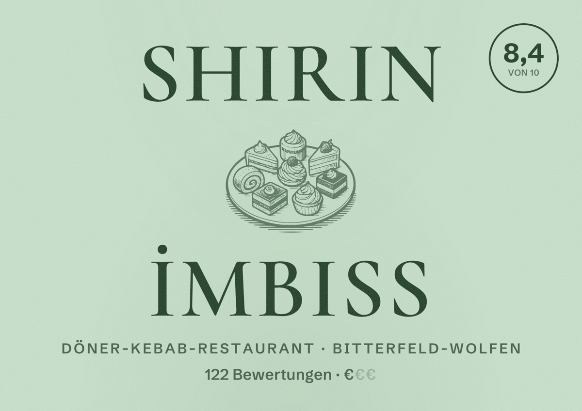 Illustriertes Poster von Shirin İmbiss, Döner-Kebab-Restaurant in Bitterfeld-Wolfen: Bewertung 8,4 von 10 aus 122 Bewertungen, Preisniveau €