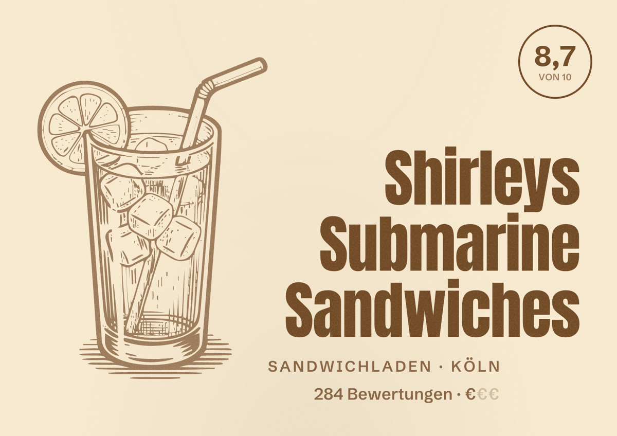 Illustriertes Poster von Shirleys Submarine Sandwiches, Sandwichladen in Köln: Bewertung 8,7 von 10 aus 284 Bewertungen, Preisniveau €