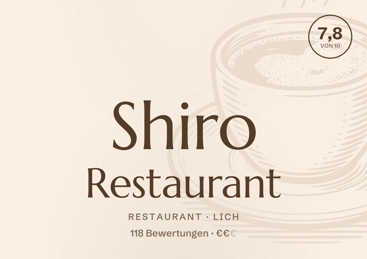 Illustriertes Poster von Shiro Restaurant, Restaurant in Lich: Bewertung 7,8 von 10 aus 118 Bewertungen, Preisniveau €€