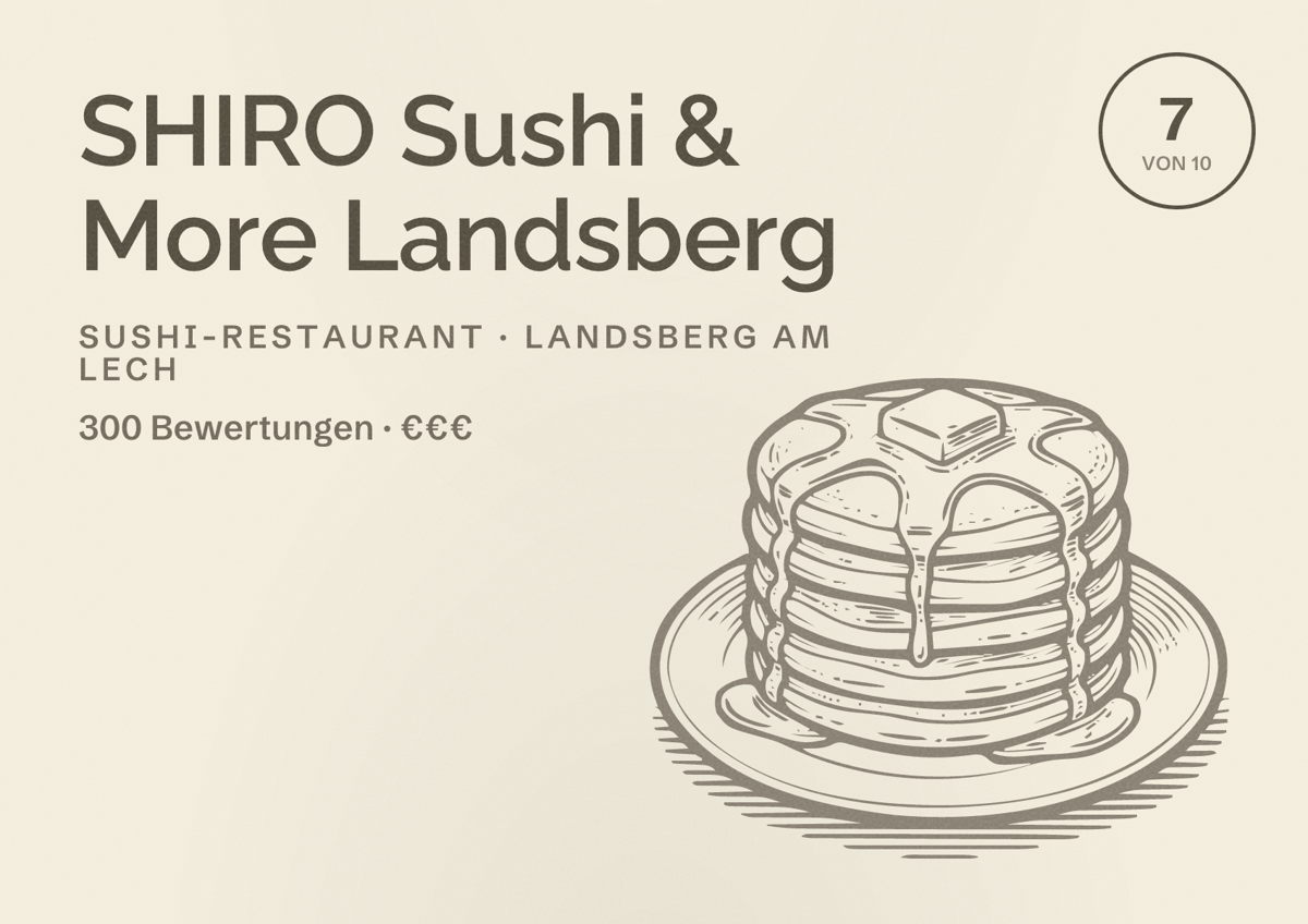 Illustriertes Poster von SHIRO Sushi & More Landsberg, Sushi-Restaurant in Landsberg am Lech: Bewertung 7 von 10 aus 300 Bewertungen, Preisniveau €€€