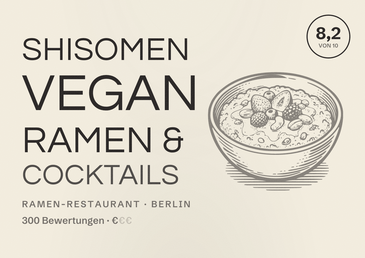 Illustriertes Poster von Shisomen Vegan Ramen & Cocktails, Ramen-Restaurant in Berlin: Bewertung 8,2 von 10 aus 300 Bewertungen, Preisniveau €