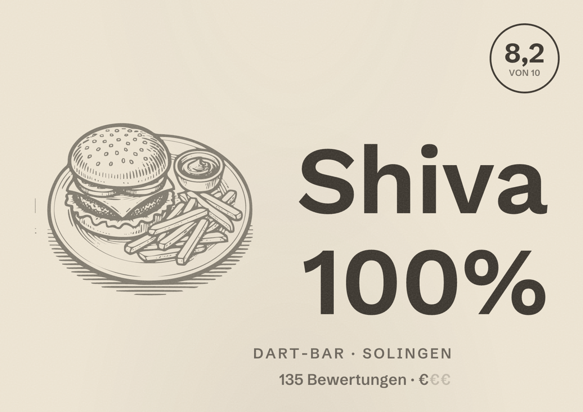 Illustriertes Poster von Shiva 100%, Dart-Bar in Solingen: Bewertung 8,2 von 10 aus 135 Bewertungen, Preisniveau €