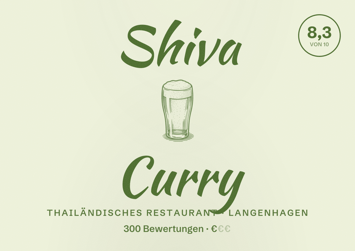 Illustriertes Poster von Shiva Curry, Thailändisches Restaurant in Langenhagen: Bewertung 8,3 von 10 aus 300 Bewertungen, Preisniveau €