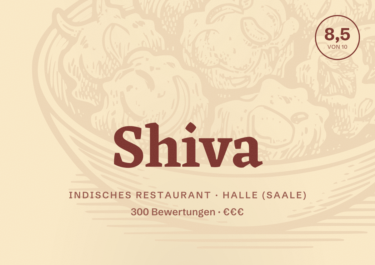Illustriertes Poster von Shiva, Indisches Restaurant in Halle (Saale): Bewertung 8,5 von 10 aus 300 Bewertungen, Preisniveau €€€