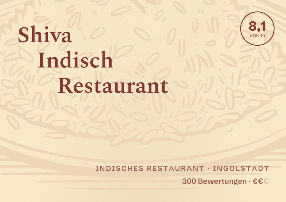 Illustriertes Poster von Shiva Indisch Restaurant, Indisches Restaurant in Ingolstadt: Bewertung 8,1 von 10 aus 300 Bewertungen, Preisniveau €€