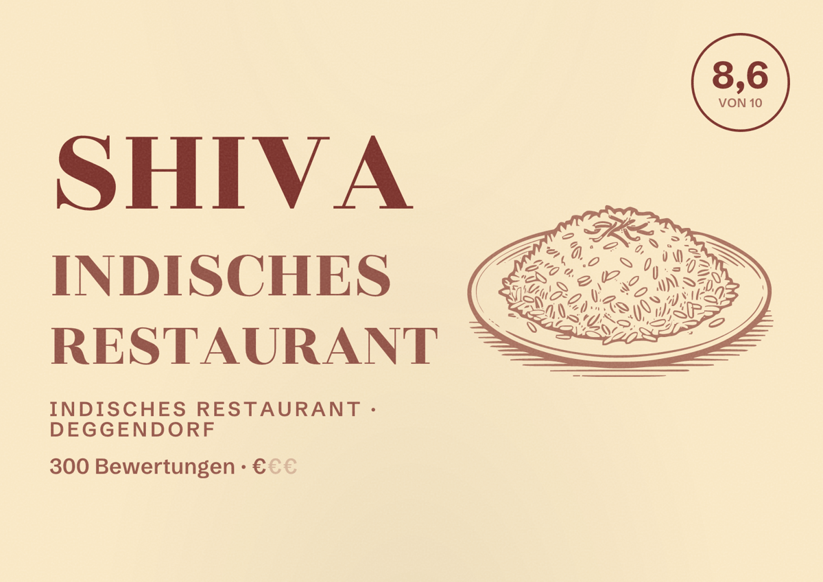 Illustriertes Poster von Shiva Indisches Restaurant, Indisches Restaurant in Deggendorf: Bewertung 8,6 von 10 aus 300 Bewertungen, Preisniveau €