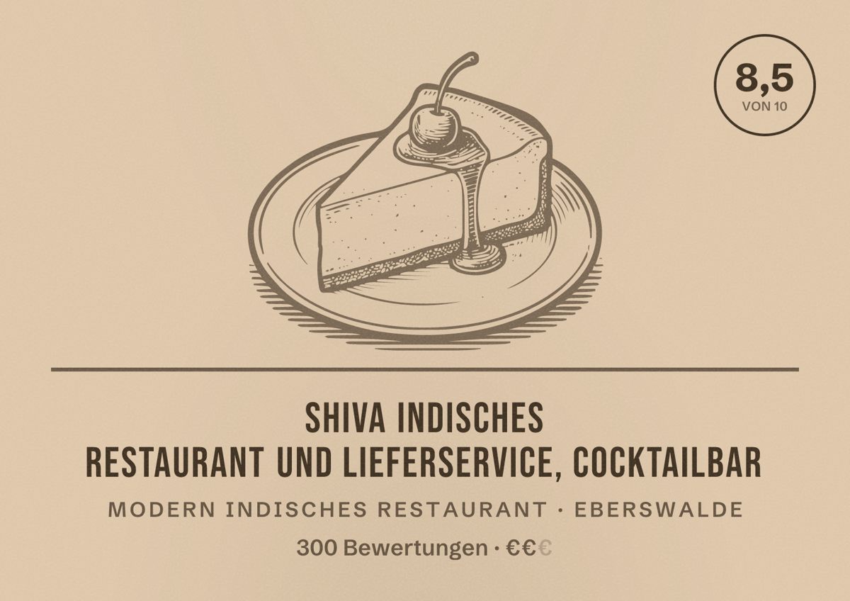 Illustriertes Poster von SHIVA Indisches Restaurant und Lieferservice, Cocktailbar, Modern indisches Restaurant in Eberswalde: Bewertung 8,5 von 10 aus 300 Bewertungen, Preisniveau €€
