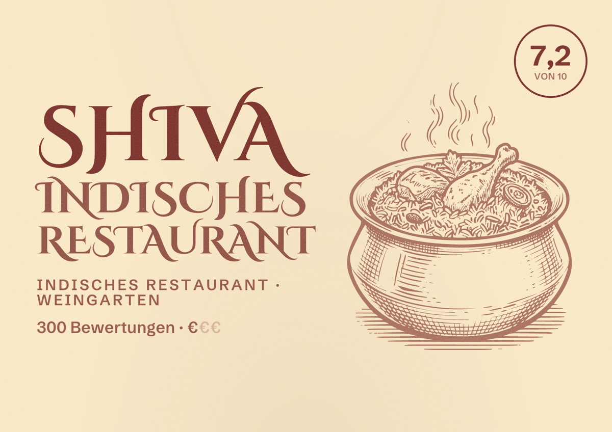 Illustriertes Poster von Shiva Indisches Restaurant, Indisches Restaurant in Weingarten: Bewertung 7,2 von 10 aus 300 Bewertungen, Preisniveau €