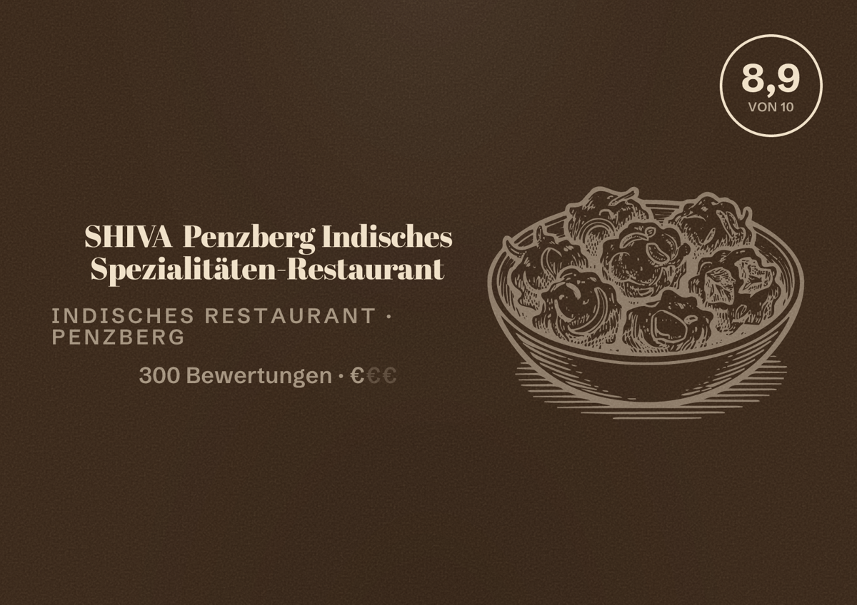 Illustriertes Poster von SHIVA Penzberg Indisches Spezialitäten-Restaurant, Indisches Restaurant in Penzberg: Bewertung 8,9 von 10 aus 300 Bewertungen, Preisniveau €