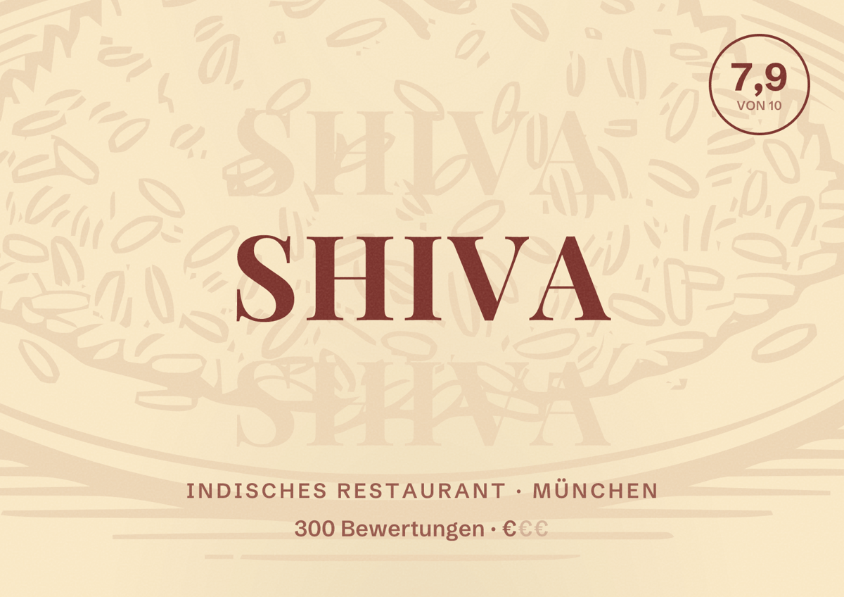 Illustriertes Poster von Shiva, Indisches Restaurant in München: Bewertung 7,9 von 10 aus 300 Bewertungen, Preisniveau €