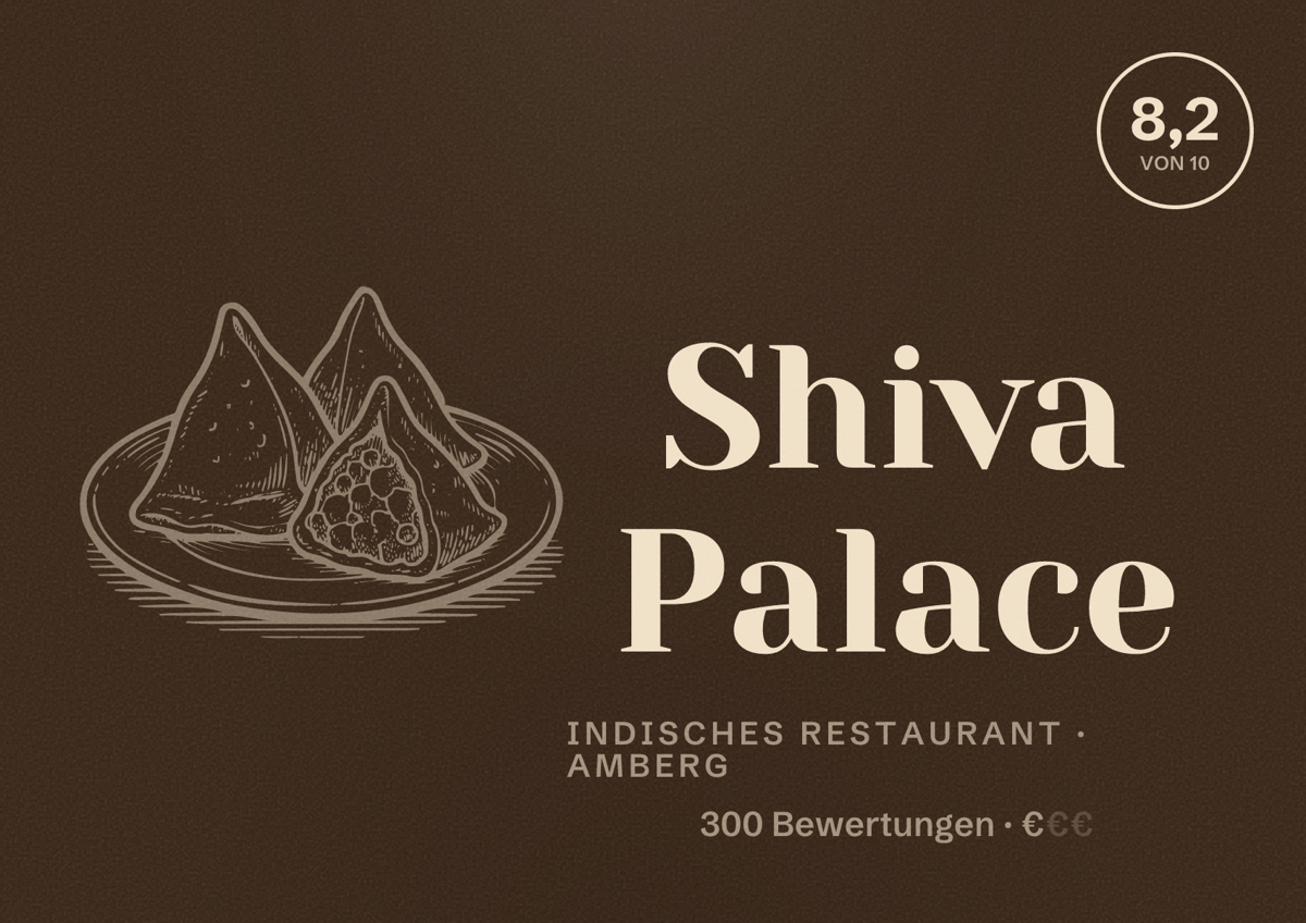 Illustriertes Poster von Shiva Palace, Indisches Restaurant in Amberg: Bewertung 8,2 von 10 aus 300 Bewertungen, Preisniveau €