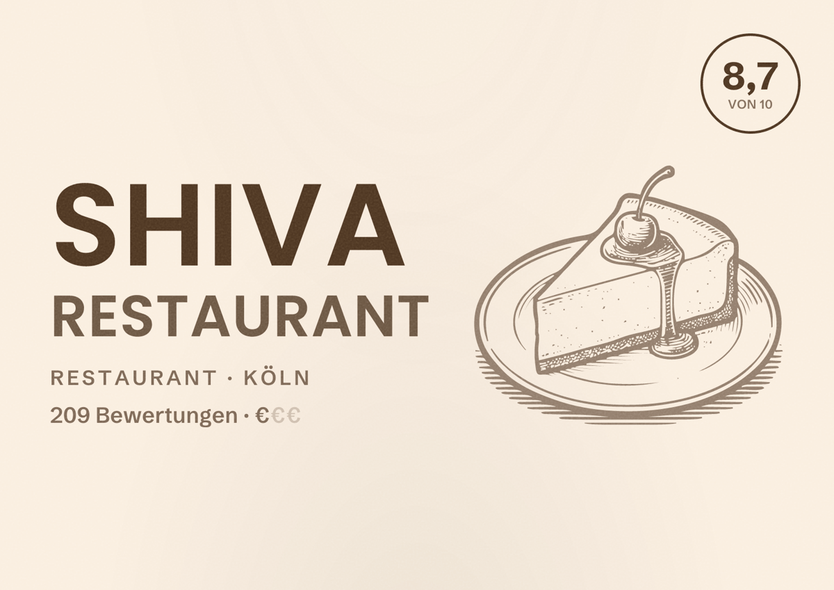 Illustriertes Poster von Shiva Restaurant, Restaurant in Köln: Bewertung 8,7 von 10 aus 209 Bewertungen, Preisniveau €