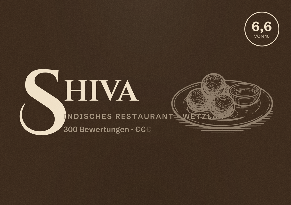 Illustriertes Poster von Shiva, Indisches Restaurant in Wetzlar: Bewertung 6,6 von 10 aus 300 Bewertungen, Preisniveau €€
