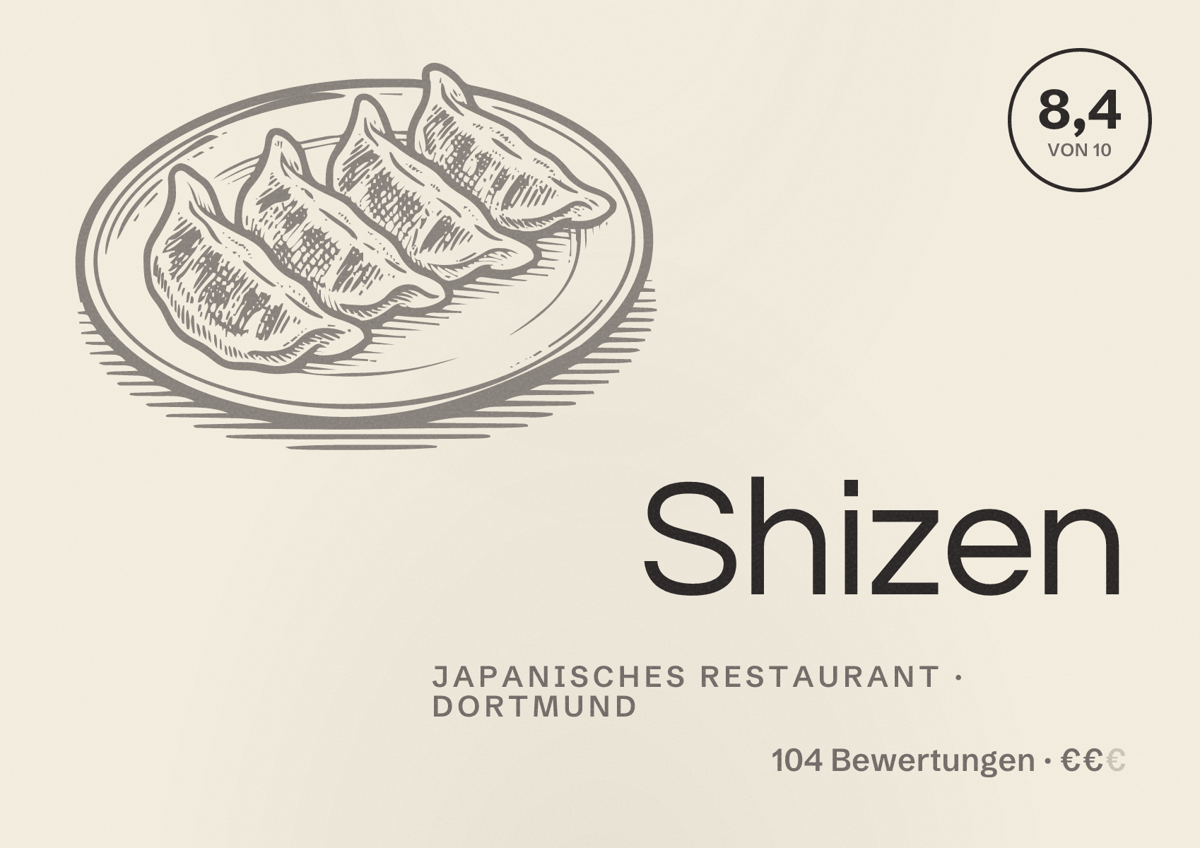 Illustriertes Poster von Shizen, Japanisches Restaurant in Dortmund: Bewertung 8,4 von 10 aus 104 Bewertungen, Preisniveau €€
