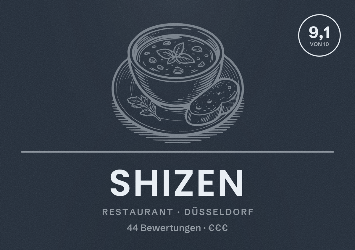 Illustriertes Poster von Shizen, Restaurant in Düsseldorf: Bewertung 9,1 von 10 aus 44 Bewertungen, Preisniveau €€€