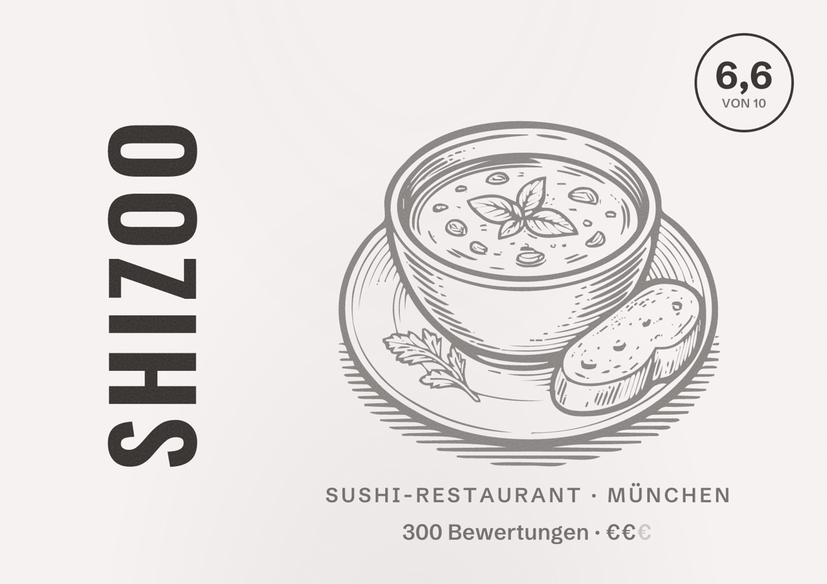 Illustriertes Poster von Shizoo, Sushi-Restaurant in München: Bewertung 6,6 von 10 aus 300 Bewertungen, Preisniveau €€