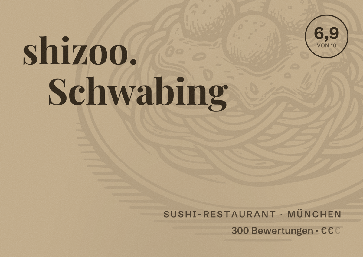 Illustriertes Poster von shizoo. Schwabing, Sushi-Restaurant in München: Bewertung 6,9 von 10 aus 300 Bewertungen, Preisniveau €€