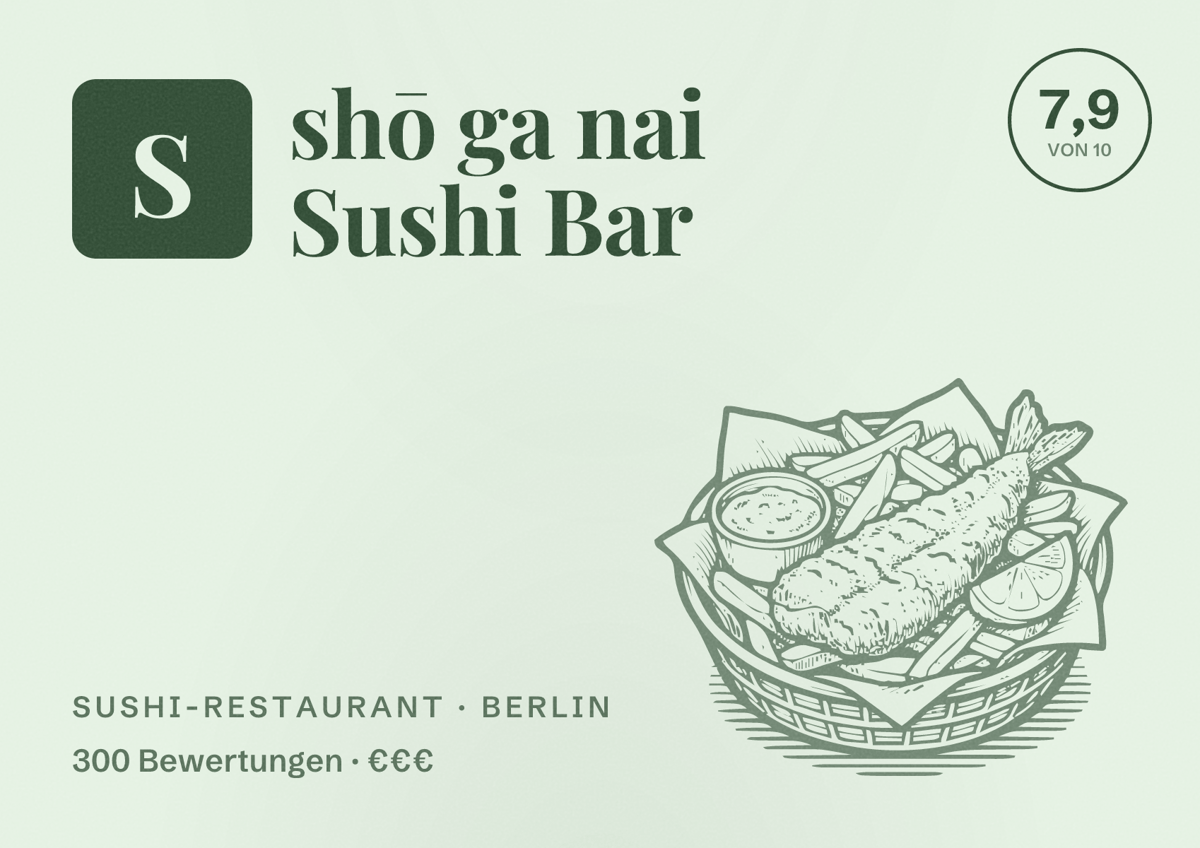 Illustriertes Poster von shō ga nai Sushi Bar, Sushi-Restaurant in Berlin: Bewertung 7,9 von 10 aus 300 Bewertungen, Preisniveau €€€
