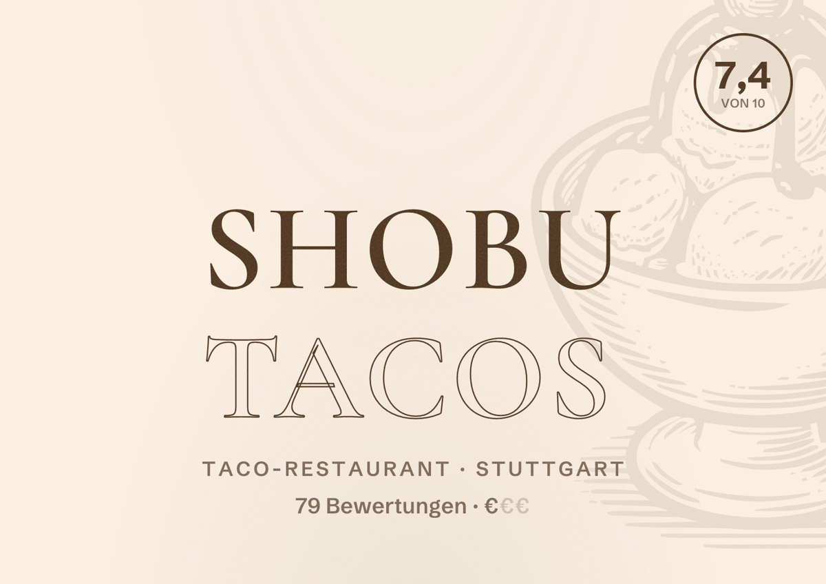 Illustriertes Poster von SHOBU Tacos, Taco-Restaurant in Stuttgart: Bewertung 7,4 von 10 aus 79 Bewertungen, Preisniveau €