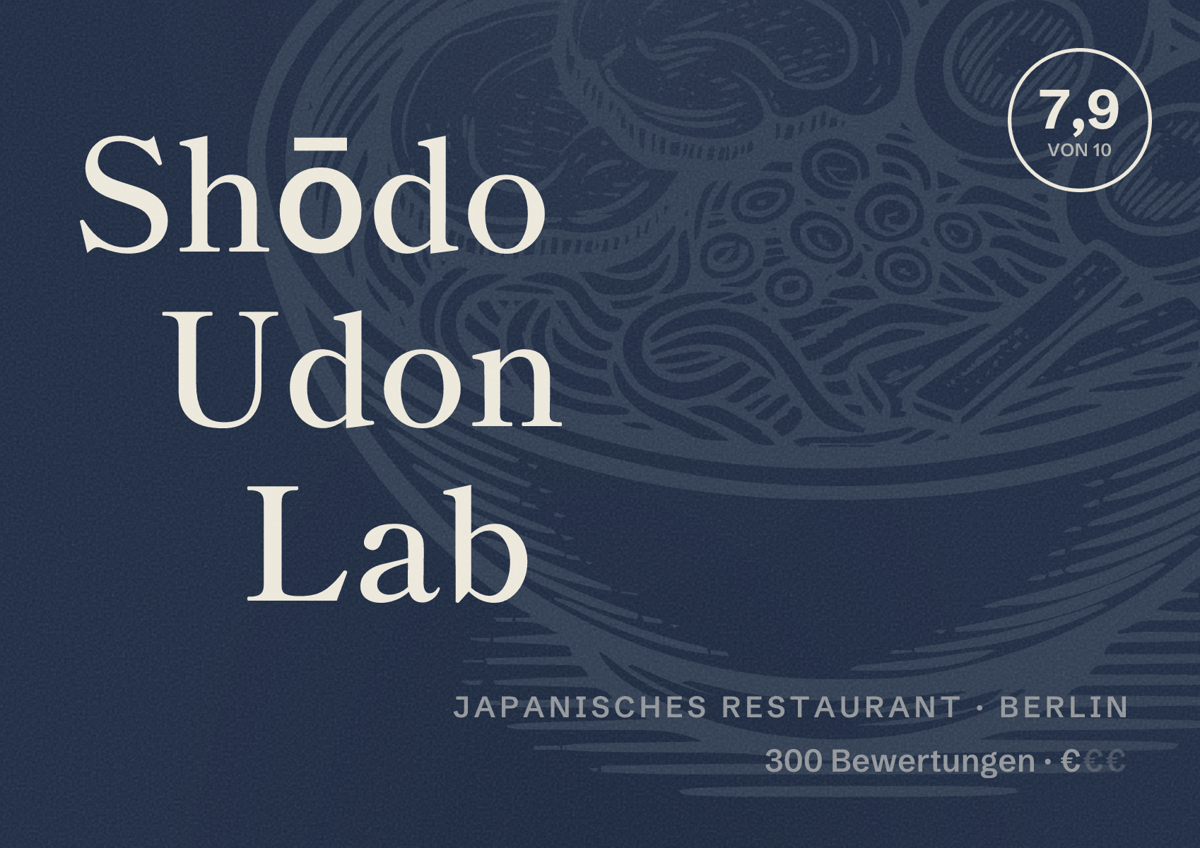 Illustriertes Poster von Shōdo Udon Lab, Japanisches Restaurant in Berlin: Bewertung 7,9 von 10 aus 300 Bewertungen, Preisniveau €