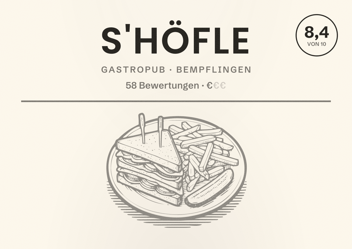Illustriertes Poster von S'Höfle, Gastropub in Bempflingen: Bewertung 8,4 von 10 aus 58 Bewertungen, Preisniveau €