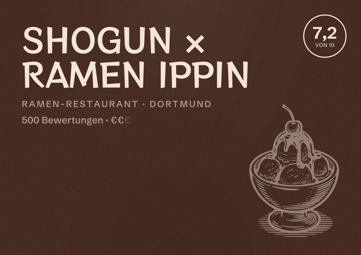 Illustriertes Poster von SHOGUN × RAMEN IPPIN, Ramen-Restaurant in Dortmund: Bewertung 7,2 von 10 aus 500 Bewertungen, Preisniveau €€