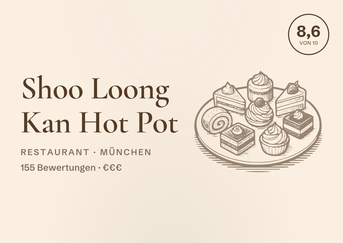 Illustriertes Poster von Shoo Loong Kan Hot Pot, Restaurant in München: Bewertung 8,6 von 10 aus 155 Bewertungen, Preisniveau €€€