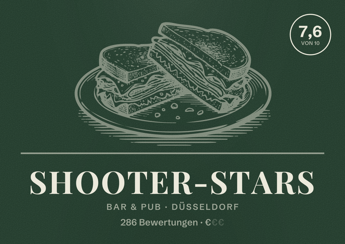 Illustriertes Poster von Shooter-Stars, Bar & Pub in Düsseldorf: Bewertung 7,6 von 10 aus 286 Bewertungen, Preisniveau €