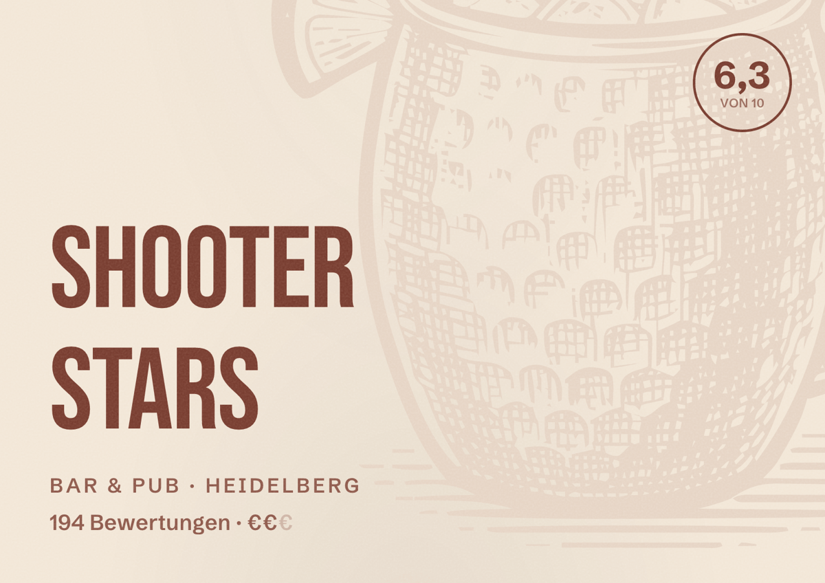 Illustriertes Poster von Shooter Stars, Bar & Pub in Heidelberg: Bewertung 6,3 von 10 aus 194 Bewertungen, Preisniveau €€