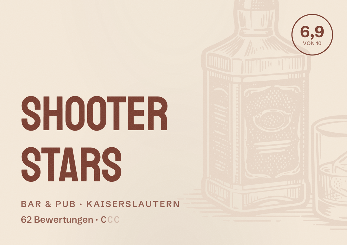 Illustriertes Poster von Shooter Stars, Bar & Pub in Kaiserslautern: Bewertung 6,9 von 10 aus 62 Bewertungen, Preisniveau €