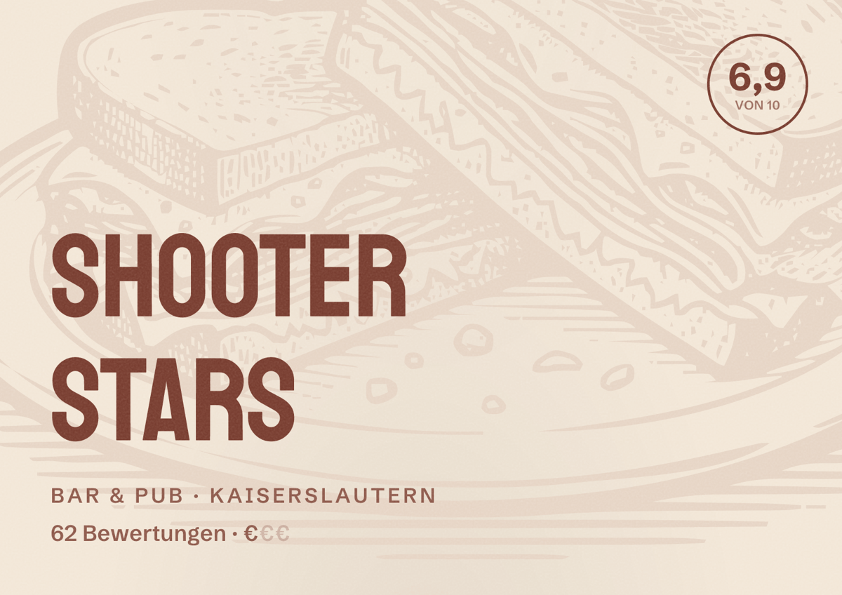 Illustriertes Poster von Shooter Stars, Bar & Pub in Kaiserslautern: Bewertung 6,9 von 10 aus 62 Bewertungen, Preisniveau €