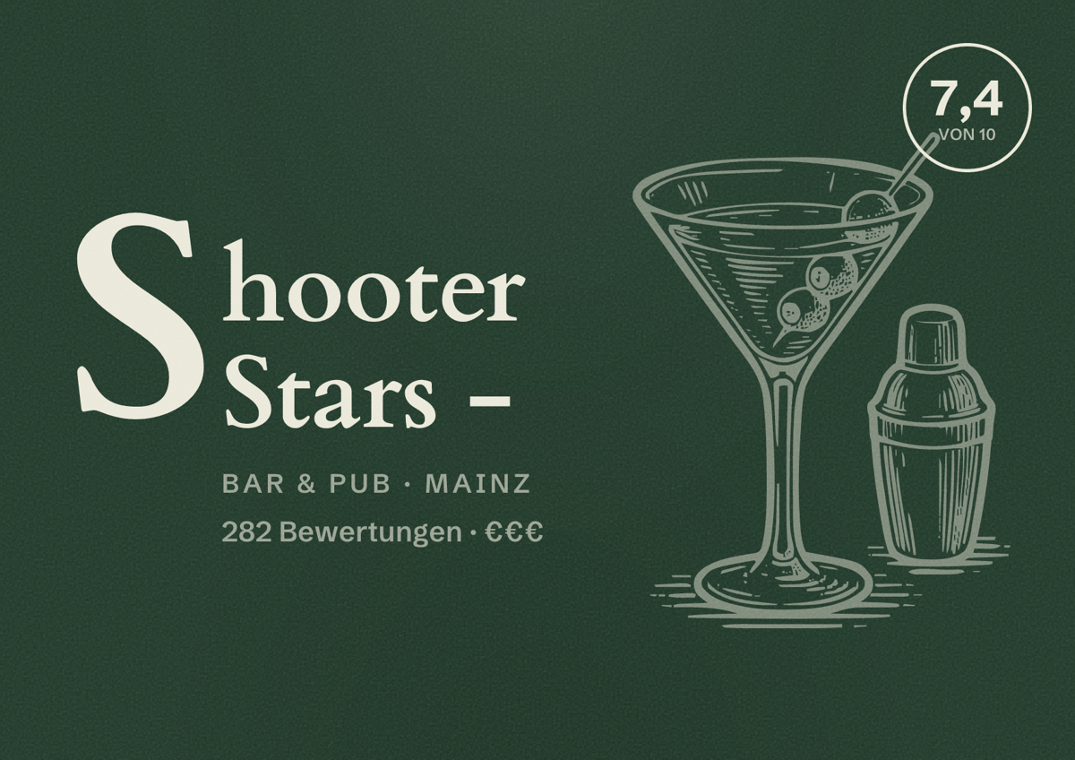 Illustriertes Poster von Shooter Stars -, Bar & Pub in Mainz: Bewertung 7,4 von 10 aus 282 Bewertungen, Preisniveau €€€