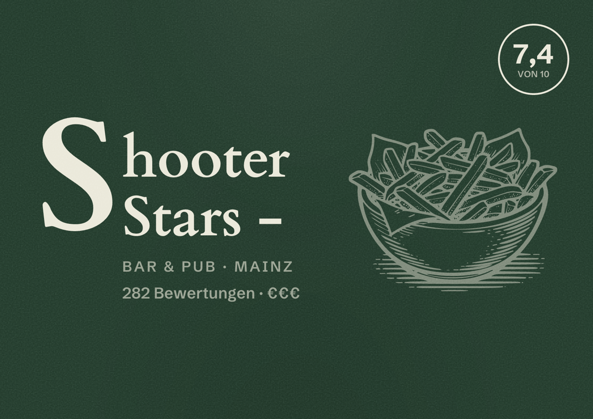 Illustriertes Poster von Shooter Stars -, Bar & Pub in Mainz: Bewertung 7,4 von 10 aus 282 Bewertungen, Preisniveau €€€