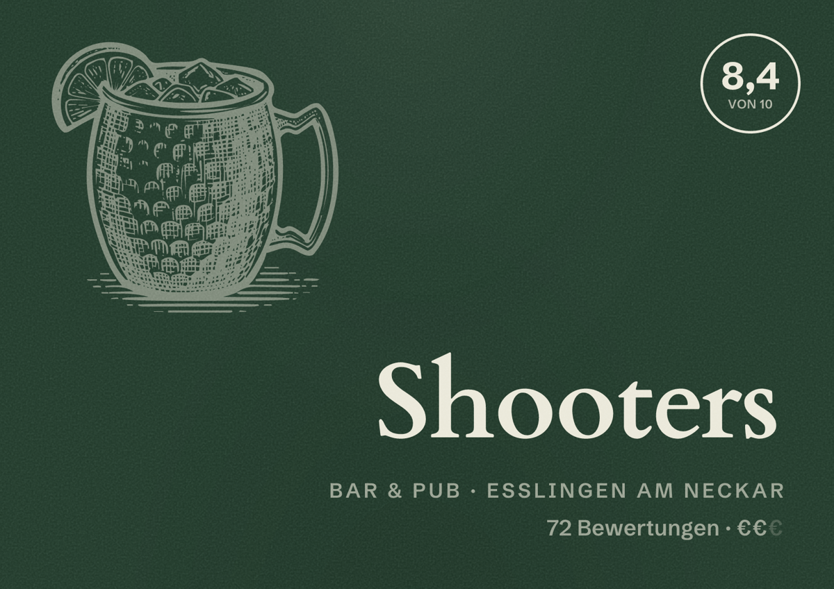Illustriertes Poster von Shooters, Bar & Pub in Esslingen am Neckar: Bewertung 8,4 von 10 aus 72 Bewertungen, Preisniveau €€