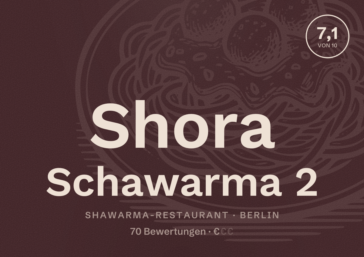 Illustriertes Poster von Shora Schawarma 2, Shawarma-Restaurant in Berlin: Bewertung 7,1 von 10 aus 70 Bewertungen, Preisniveau €