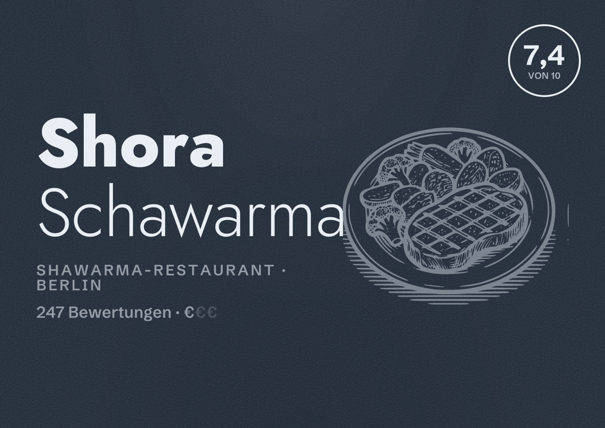 Illustriertes Poster von Shora Schawarma, Shawarma-Restaurant in Berlin: Bewertung 7,4 von 10 aus 247 Bewertungen, Preisniveau €