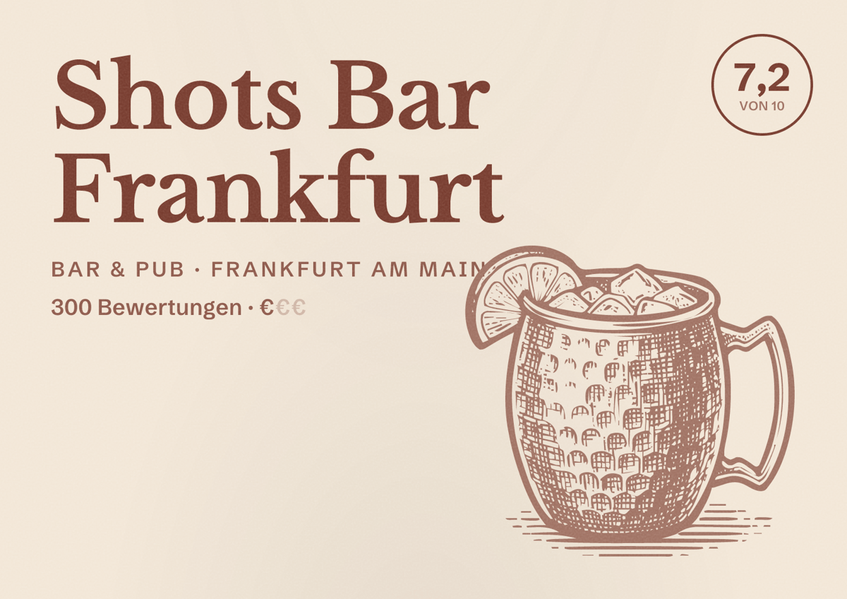 Illustriertes Poster von Shots Bar Frankfurt, Bar & Pub in Frankfurt am Main: Bewertung 7,2 von 10 aus 300 Bewertungen, Preisniveau €
